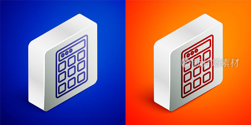 Isometric line Password protection and safety access icon isolated on blue and orange background. Security, safety, protection, privacy concept. Silver square button. Vector